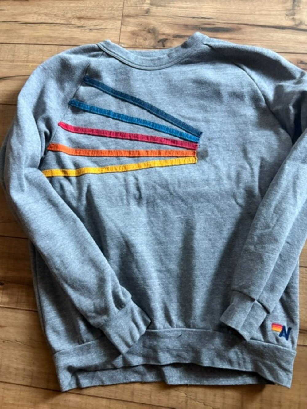 Aviator Nation Gray Rainbow Stripe Daydream Relaxed Sweatshirt + Sun Patch - M